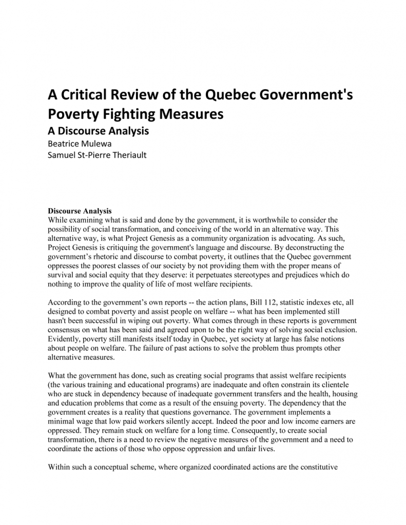 image first page of a paper entitled A Critical Review of the Quebec Government's Poverty Fighting Measures