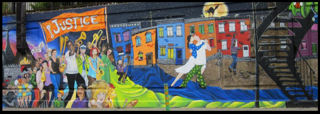 a colourful wall mirror depicting neighbourhood life and solidarity against injustice